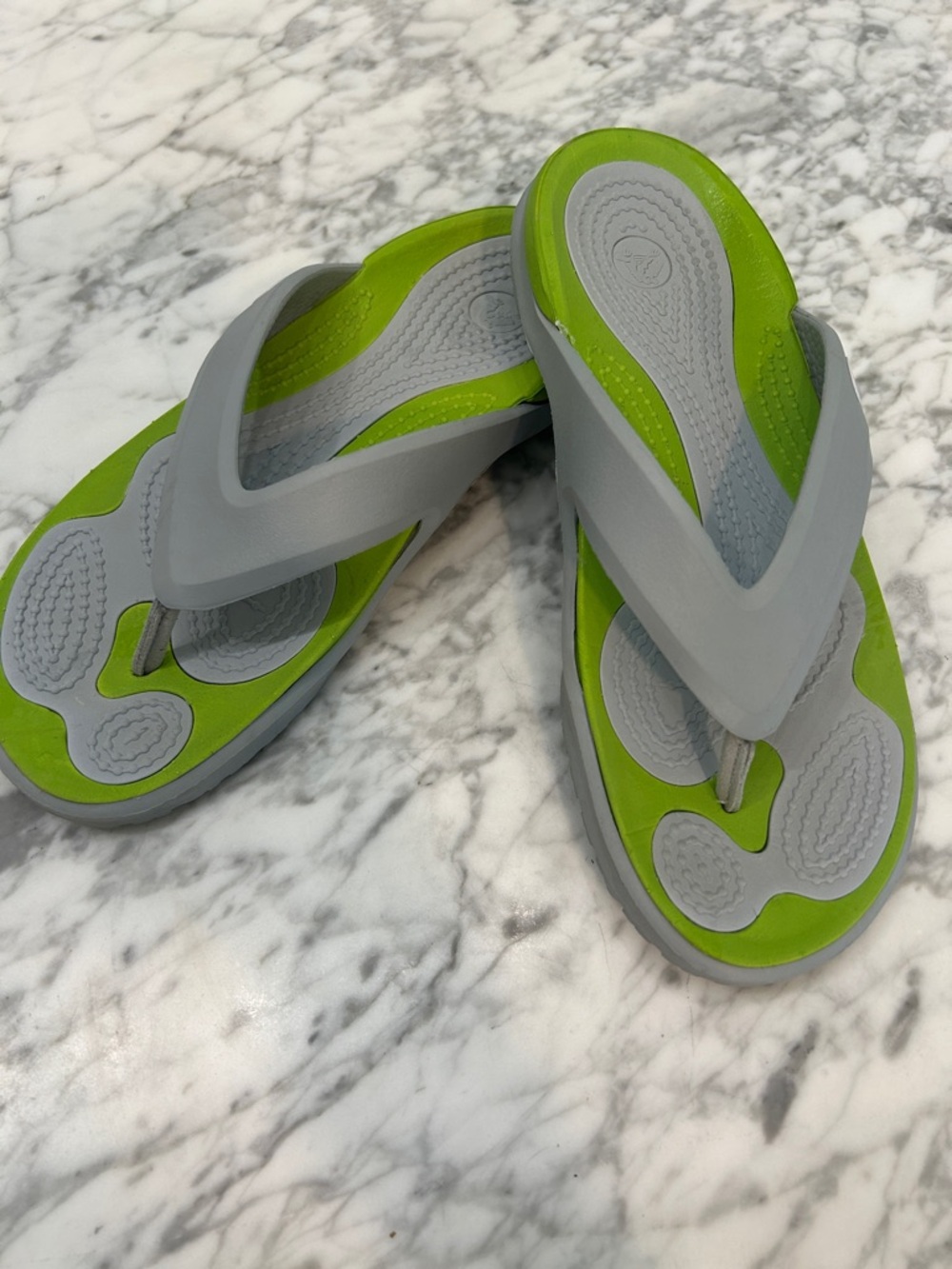 CROCS Women’s Gray and Lime Green Comfort Flip Flops